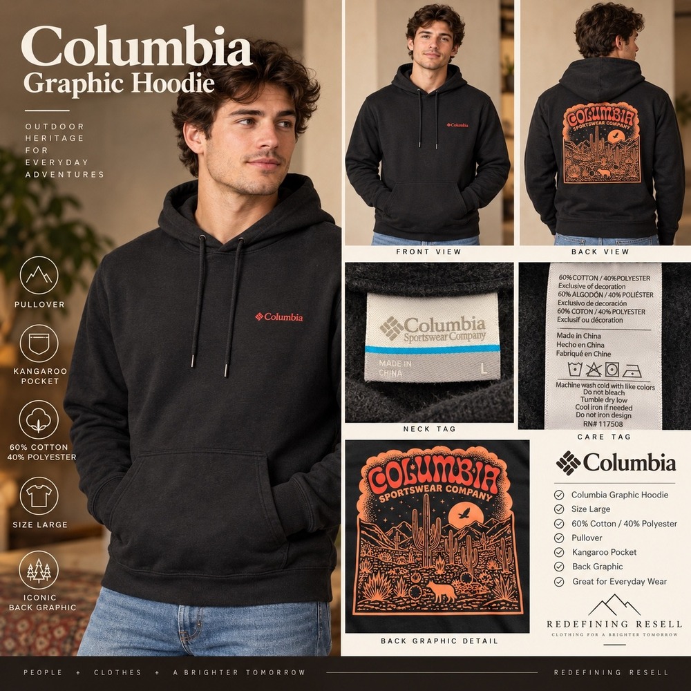 Columbia Mens Graphic Hoodie Black Desert Landscape Back Print Large RN 117508